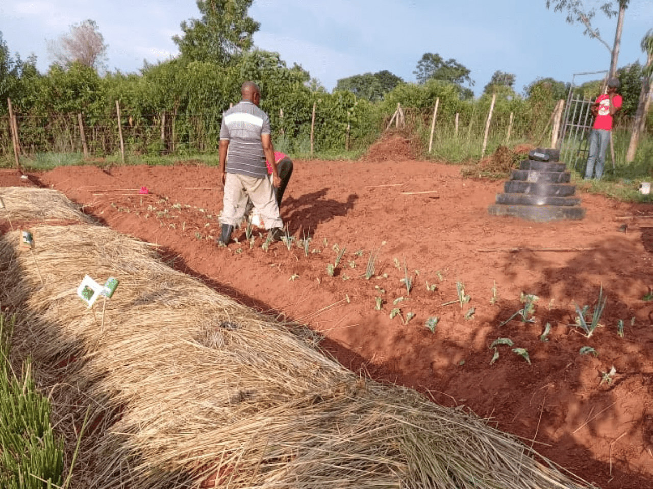 A group of people standing in front of a blackboard.
